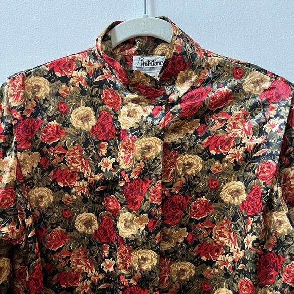 Vintage Notations 80s Womens Red Floral Satin Long Sleeve Blouse Mock Neck Sz 10 - Picture 4 of 7